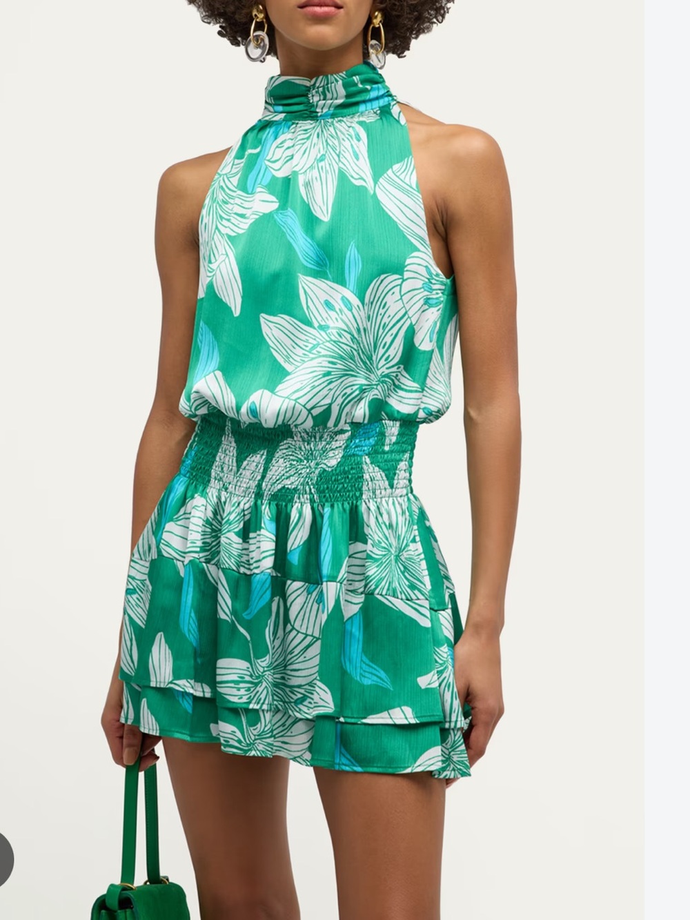 Ramy Brook Dani Floral Green Ruffle Halter Mini Dress Sz XS